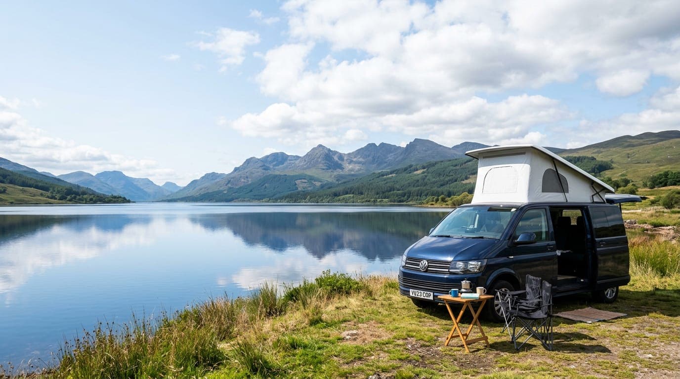A blue pop-top campervan beside a lake with two camping chairs and a small table in front