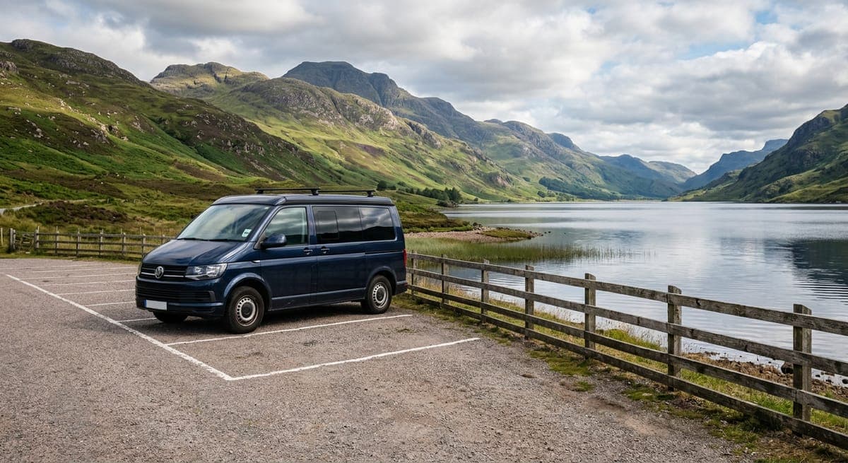 A campervan parked in a lochside parking area with hills behind