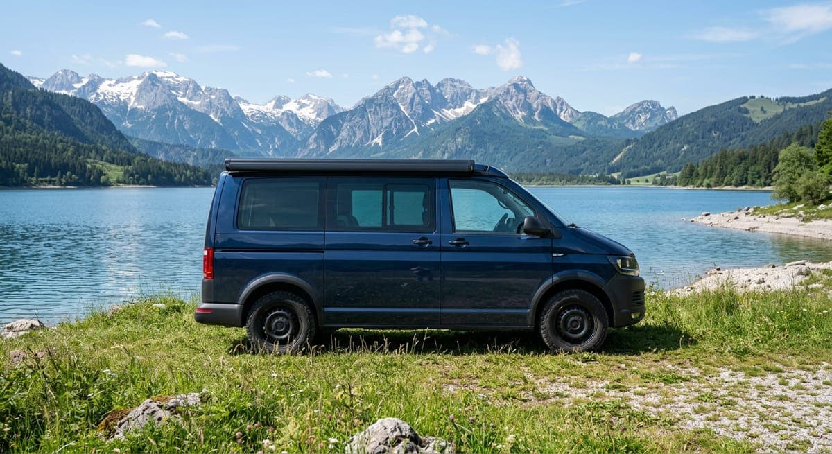 A small dark blue campervan parked on a lakeside verge with mountains behind