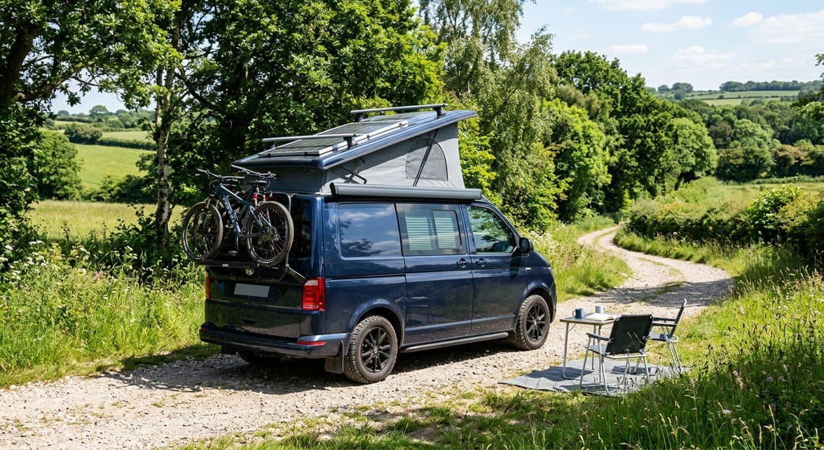 A medium-length blue panel van conversion with a pop-top roof on a gravel track