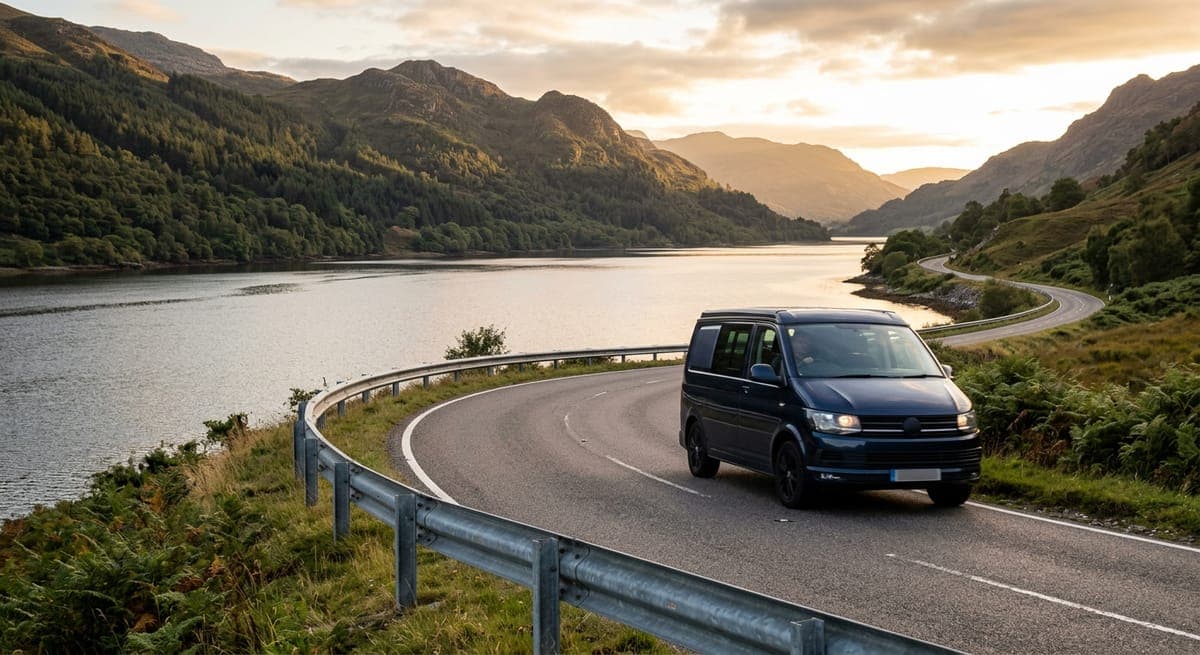 A campervan driving along a winding lakeside road