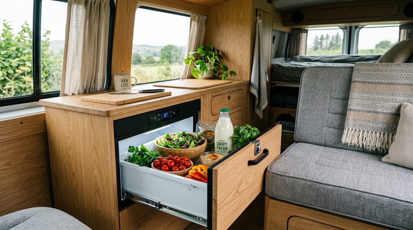 A built-in drawer-style compressor fridge pulled open in a campervan, filled with fresh salad and milk