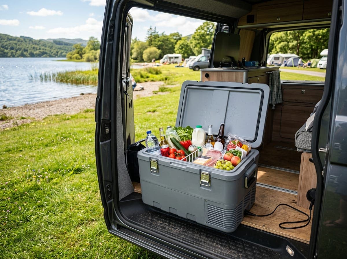 A portable electric cool box with its lid open at the sliding door of a campervan