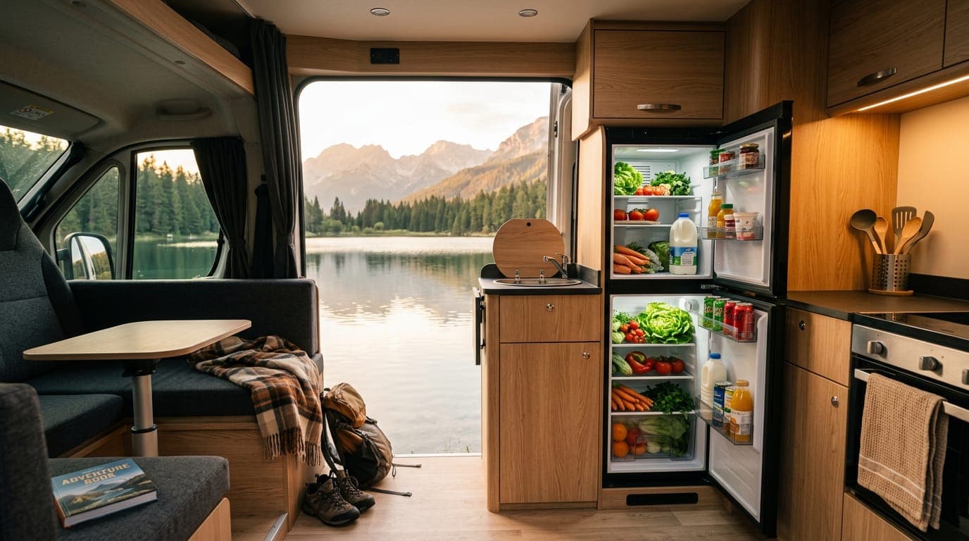 An open fridge stocked with fresh food in a campervan kitchen, with a lake and mountains outside the open door