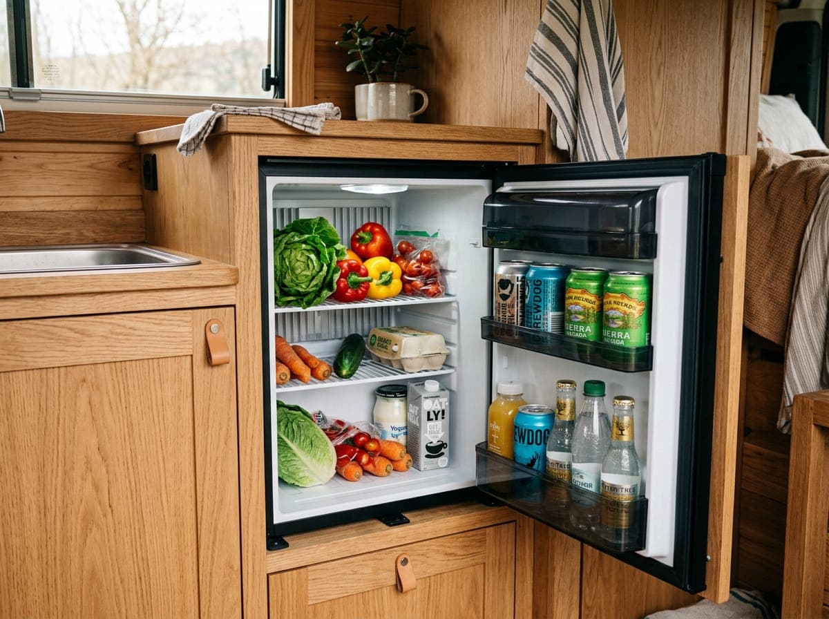 A front-opening campervan fridge with the door swung open, showing shelves of food