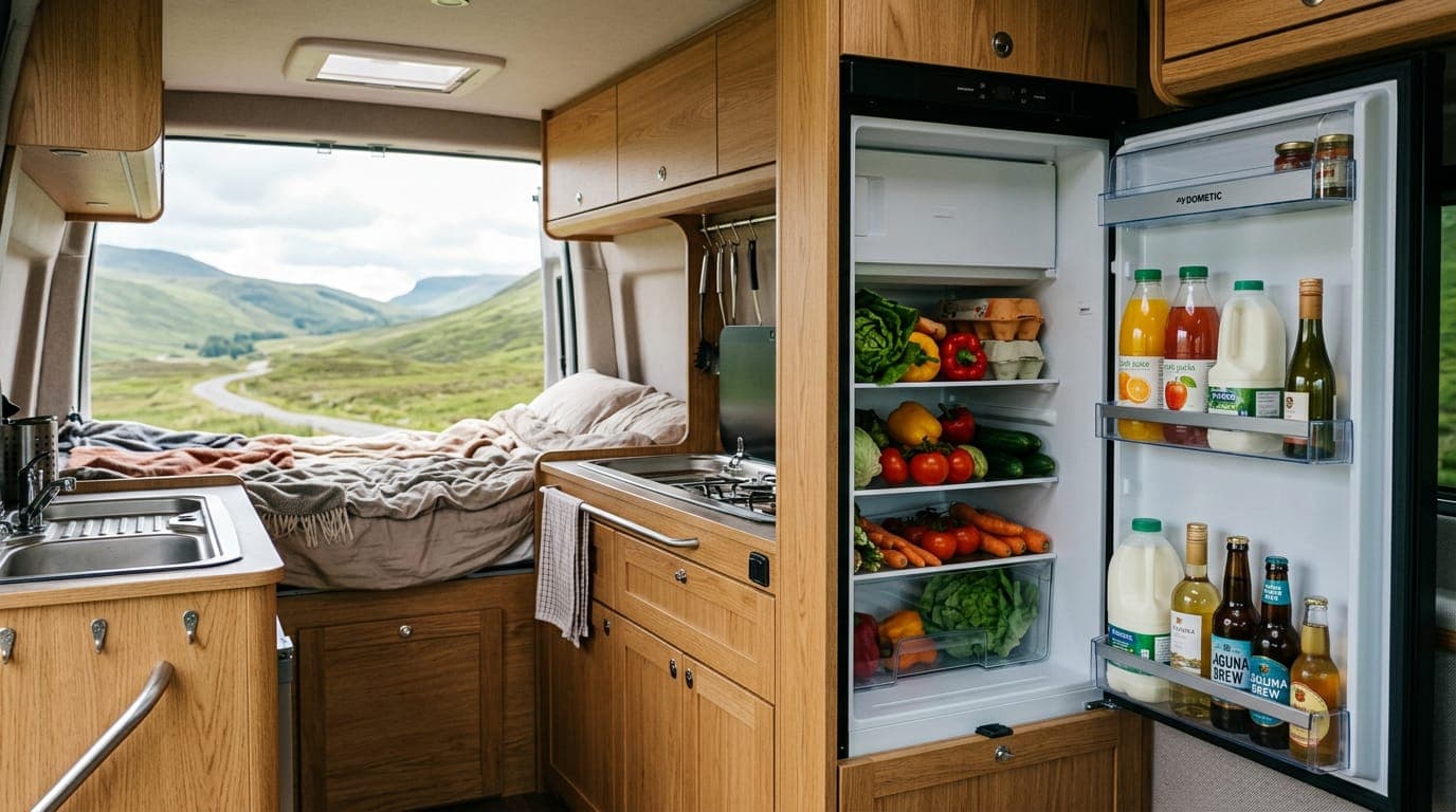 A tall built-in three-way fridge with its door open in a campervan, shelves stocked with food and drinks
