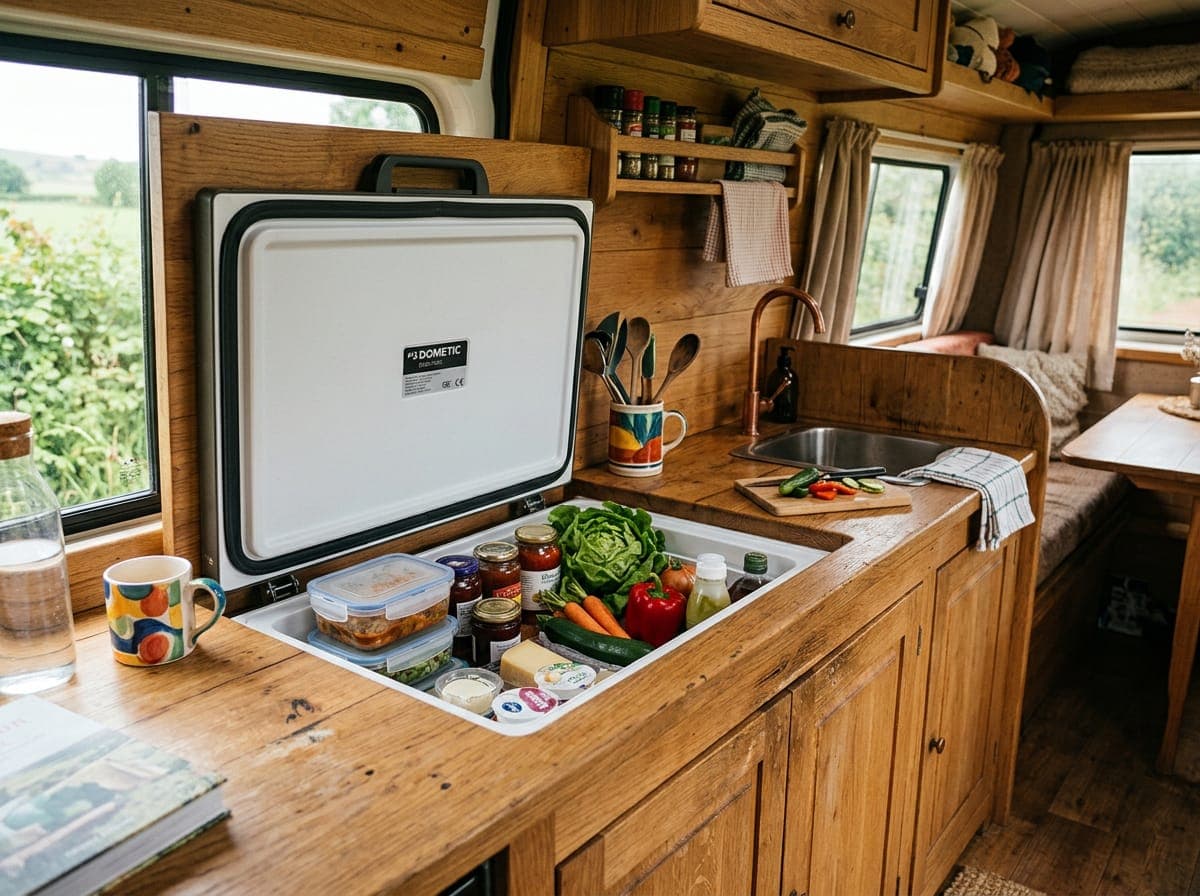 A top-loading fridge set into campervan cabinetry with the lid lifted