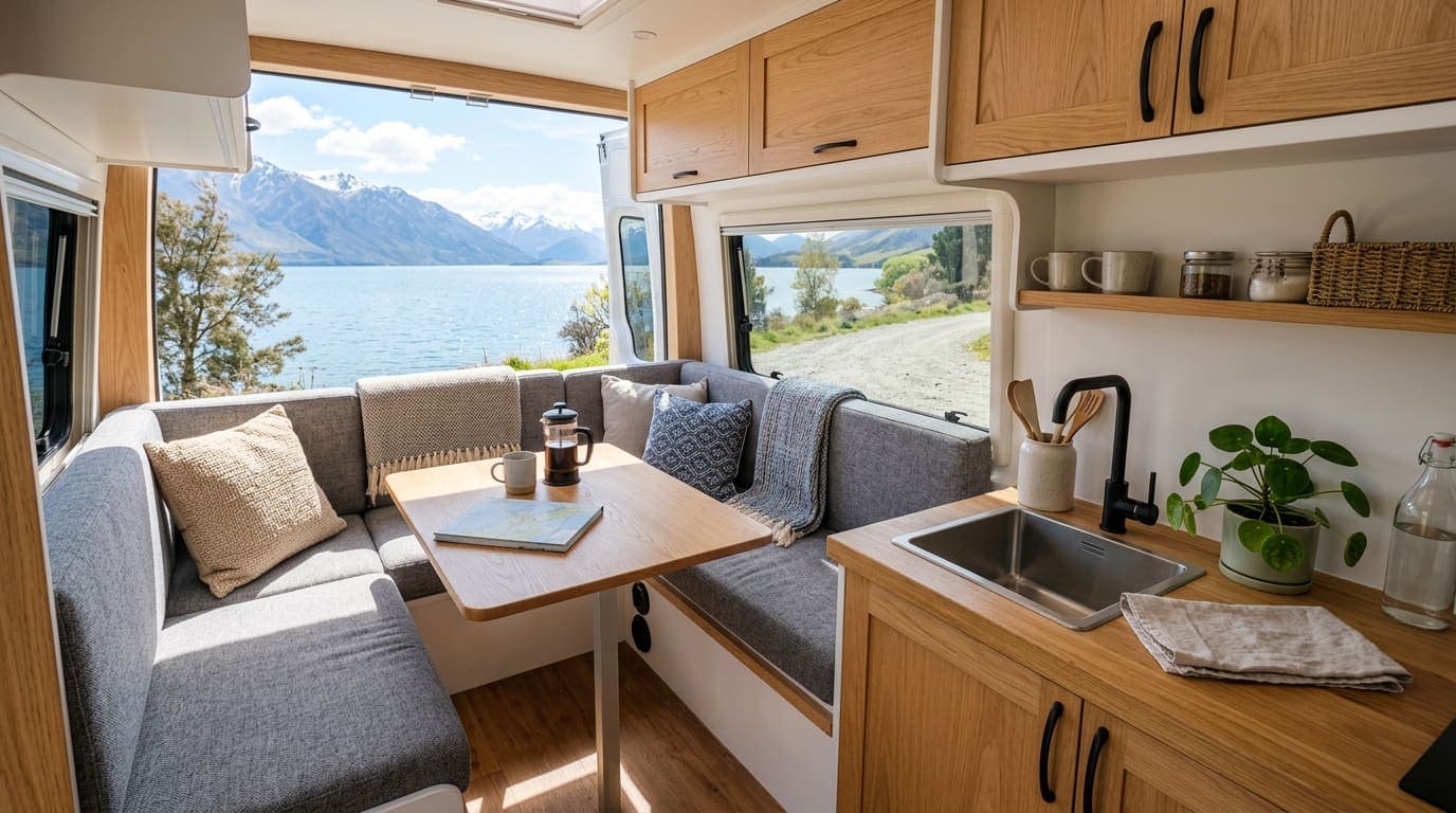 A campervan lounge set up for the day with seating around a table and a lake view