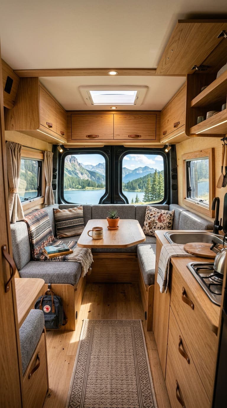 A warm wooden campervan interior with seating, a small table and windows onto a lake and mountains