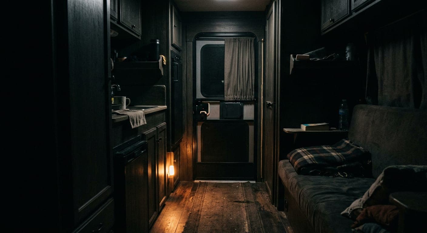 Dim campervan interior at night