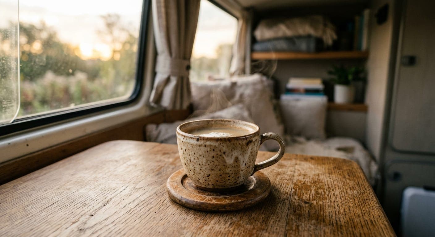 Cup of coffee on a campervan table