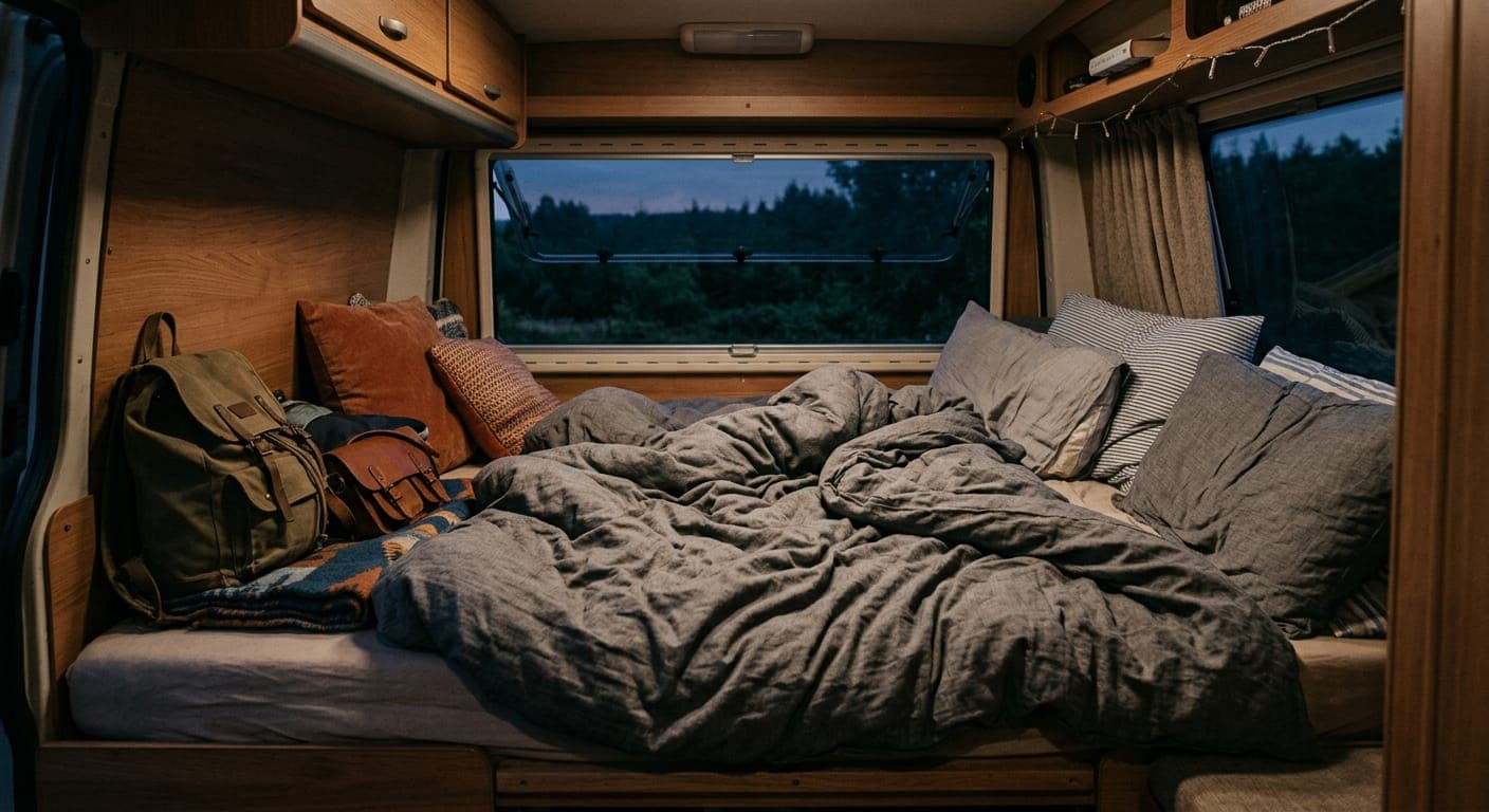 Campervan bed ready for the night