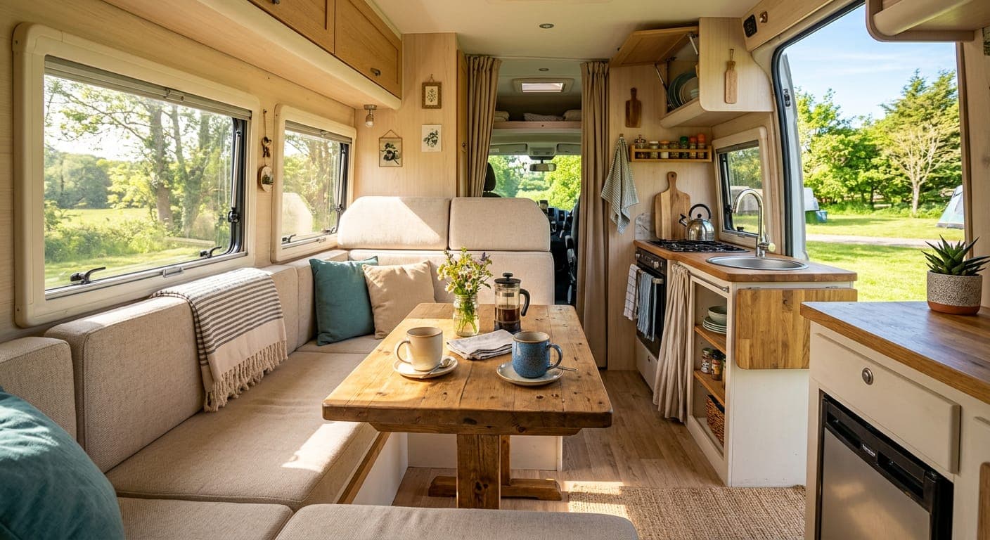 Bright campervan seating area with a table in the daytime