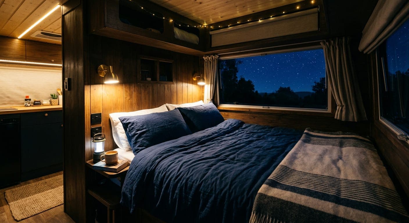 Campervan bed made up at night with warm lighting