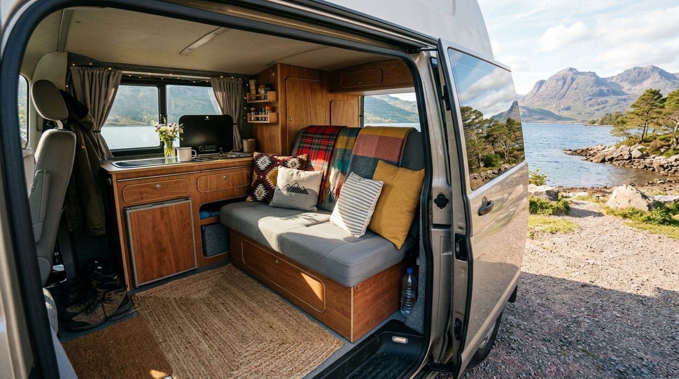 Inside our VW Transporter with the rock and roll bed folded as a seat