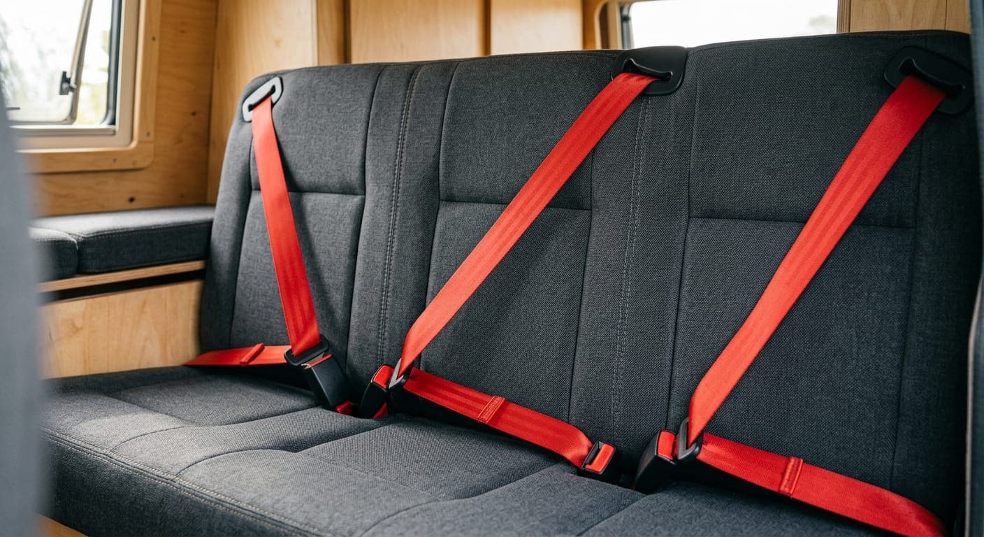 Seat belts fitted to a campervan rear bench seat