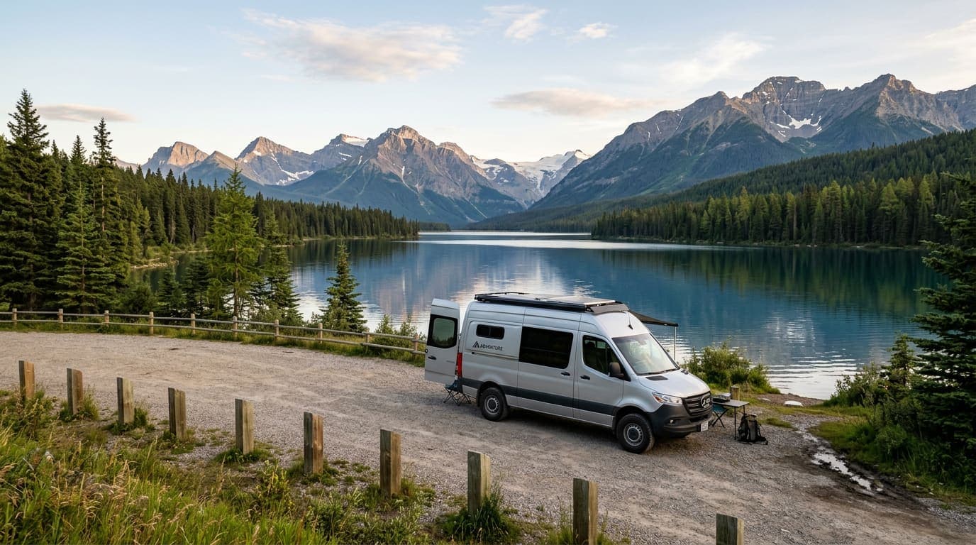 A campervan parked alone at a quiet lakeside parking area