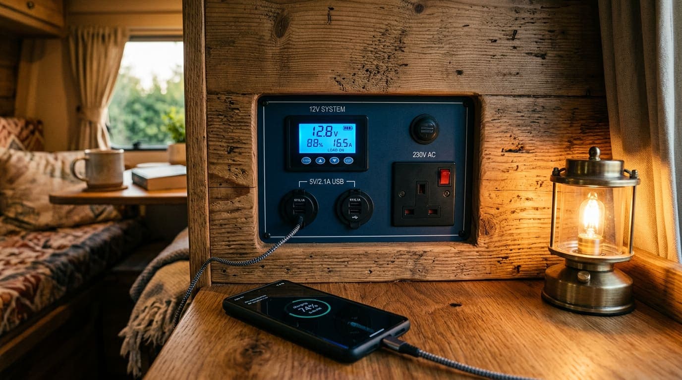 A campervan wall panel with a battery monitor, USB sockets and a phone charging beside a glowing lantern