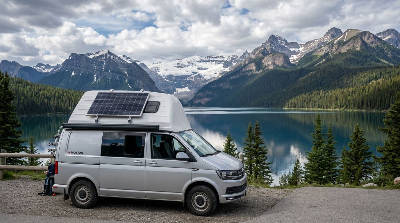 A solar panel on a campervan roof with a lake and mountain behind