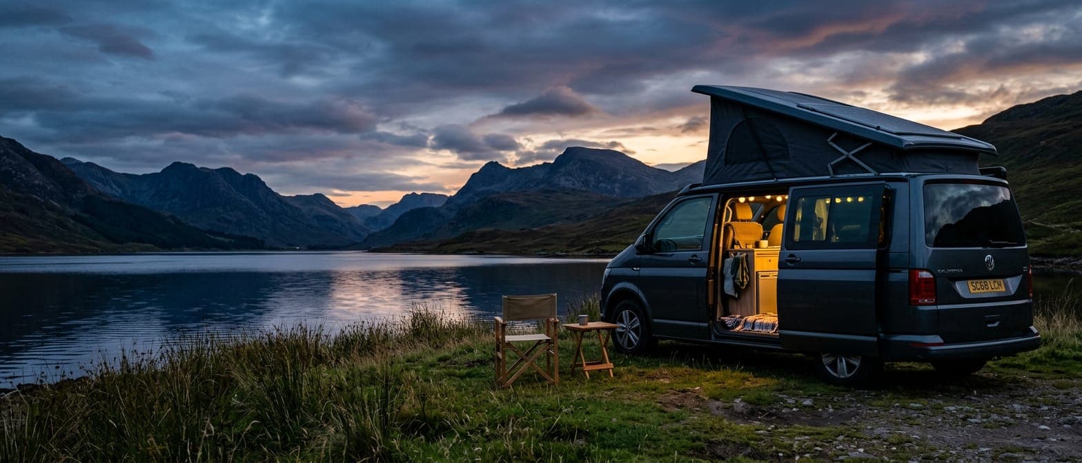 A dark grey campervan with its pop-top raised and interior lights glowing, parked beside a loch at dusk