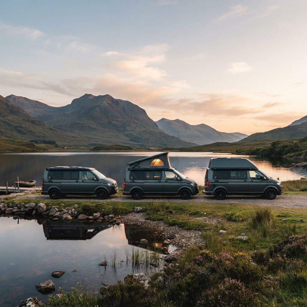 Three dark grey VW Transporter campervans parked in a row beside a Scottish loch: one with a standard roof, one with a pop-top roof raised, and one with a high roof