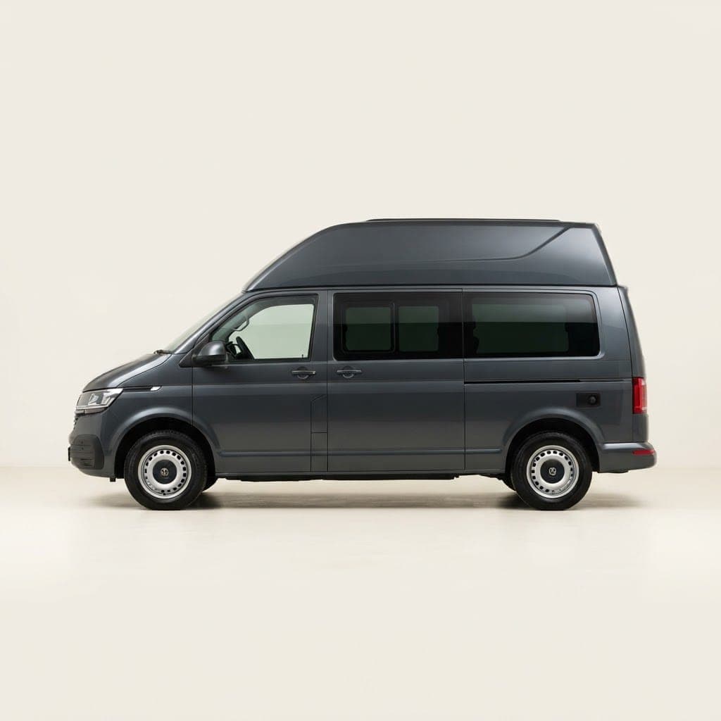 Side profile of a dark grey VW Transporter campervan with a tall solid high-top roof