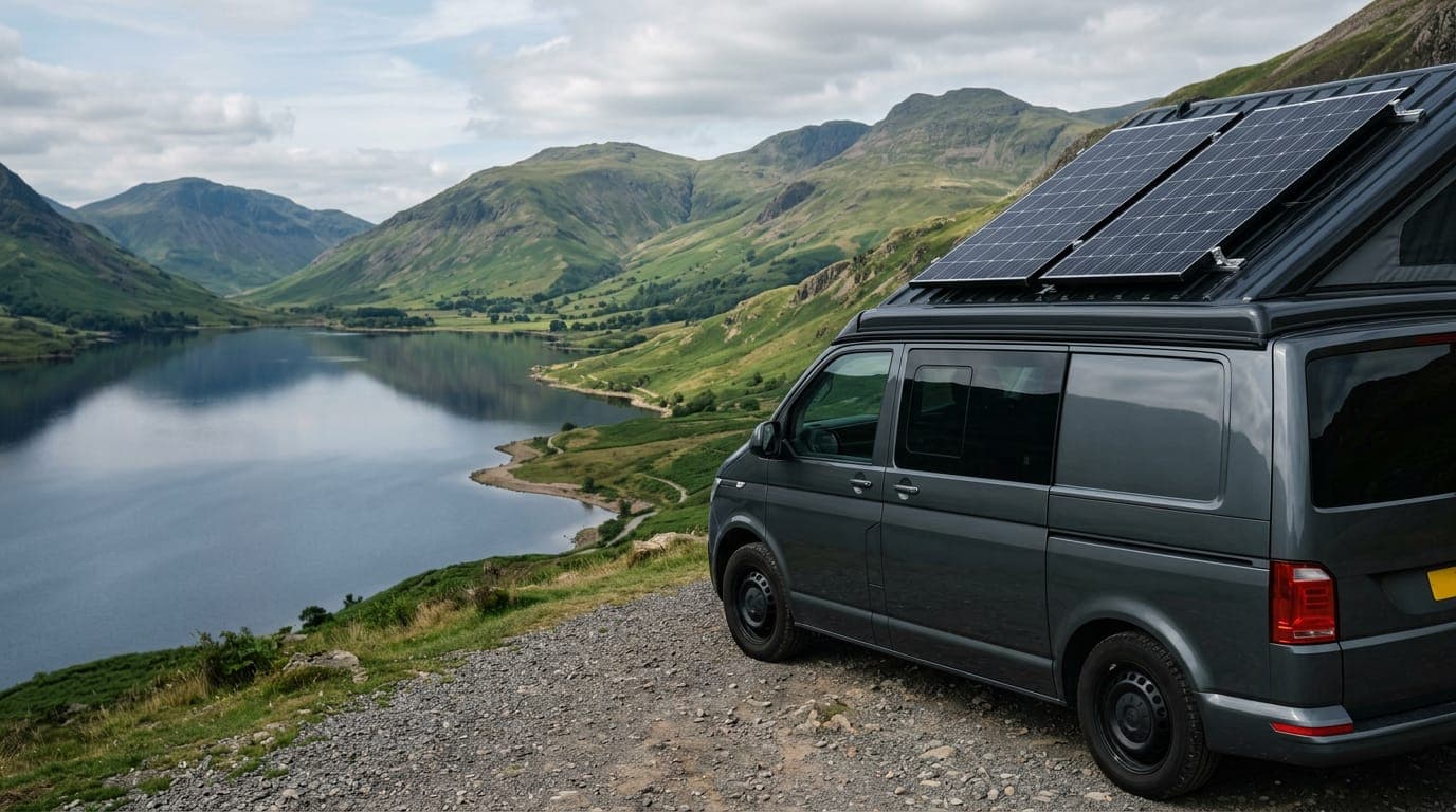 Solar panels mounted on the roof of a dark grey campervan beside a lake surrounded by green hills