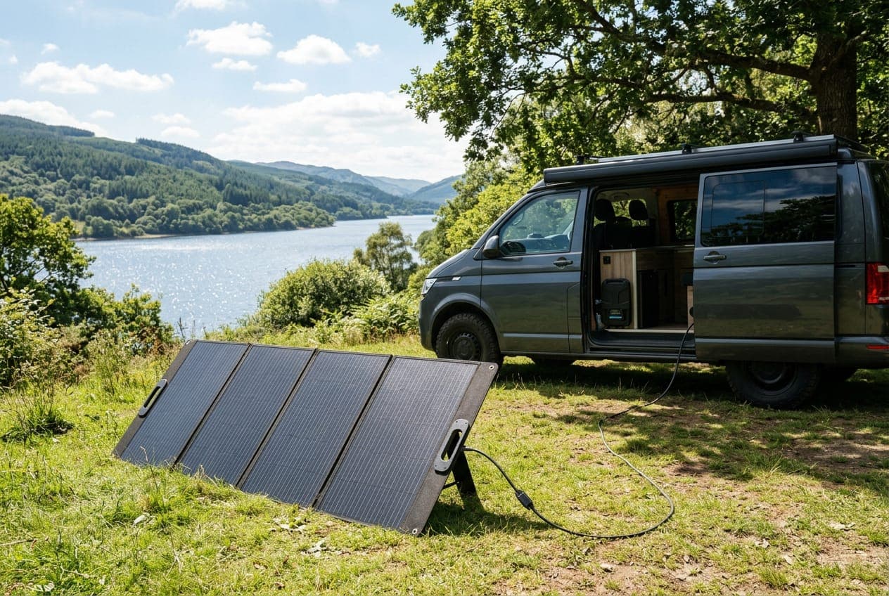 A folding portable solar panel standing on grass in the sun, cabled to a campervan parked behind it