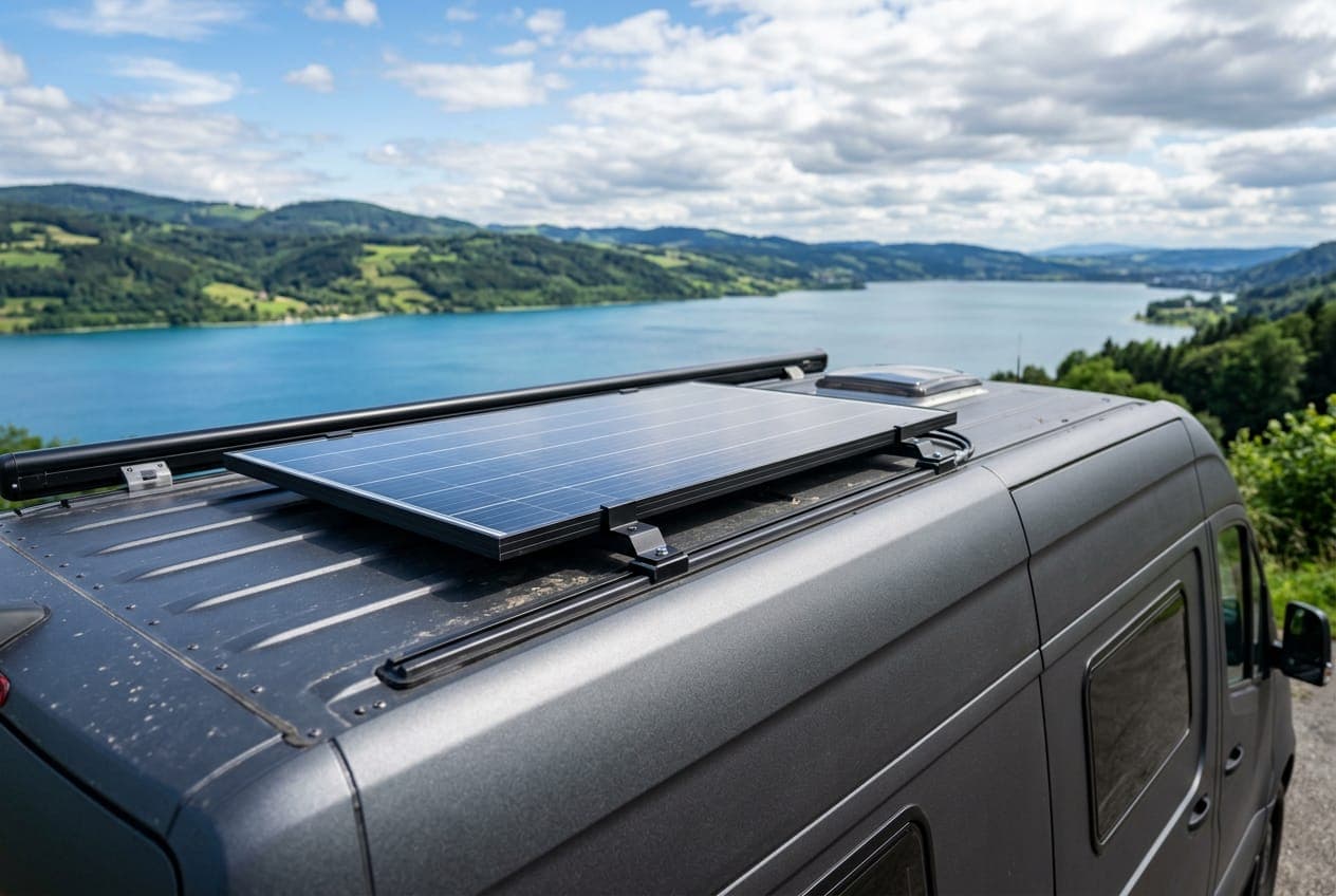 A rigid solar panel fixed to the roof of a dark grey campervan, with a lake and hills behind