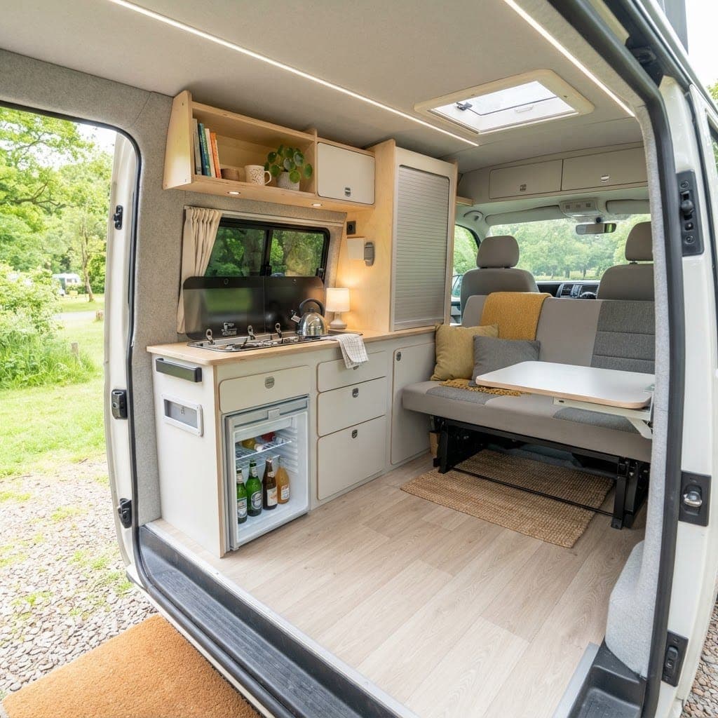 Campervan interior in day mode with the bed folded up, showing the kitchen and fridge
