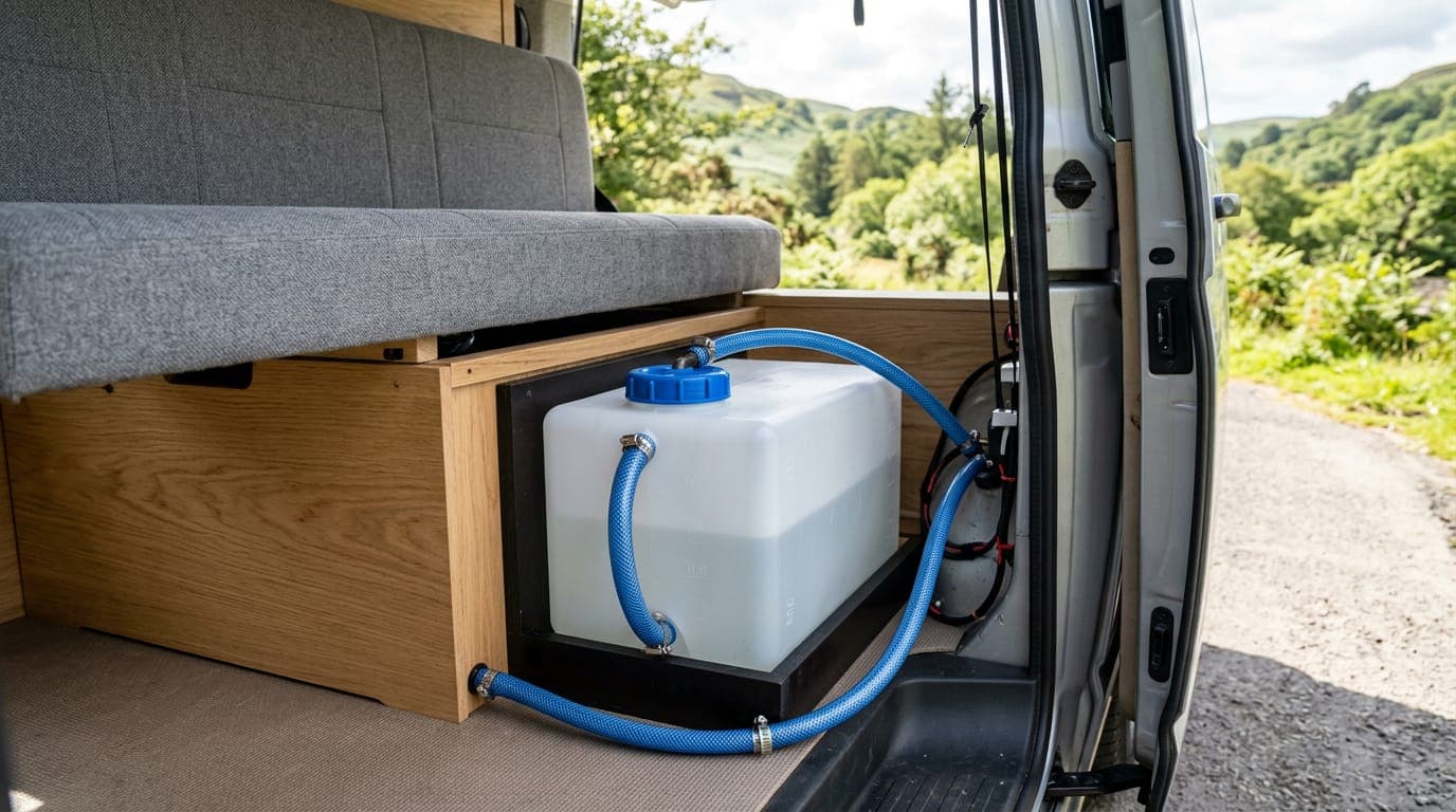 A white fitted fresh-water tank with blue plumbing installed under a campervan seat