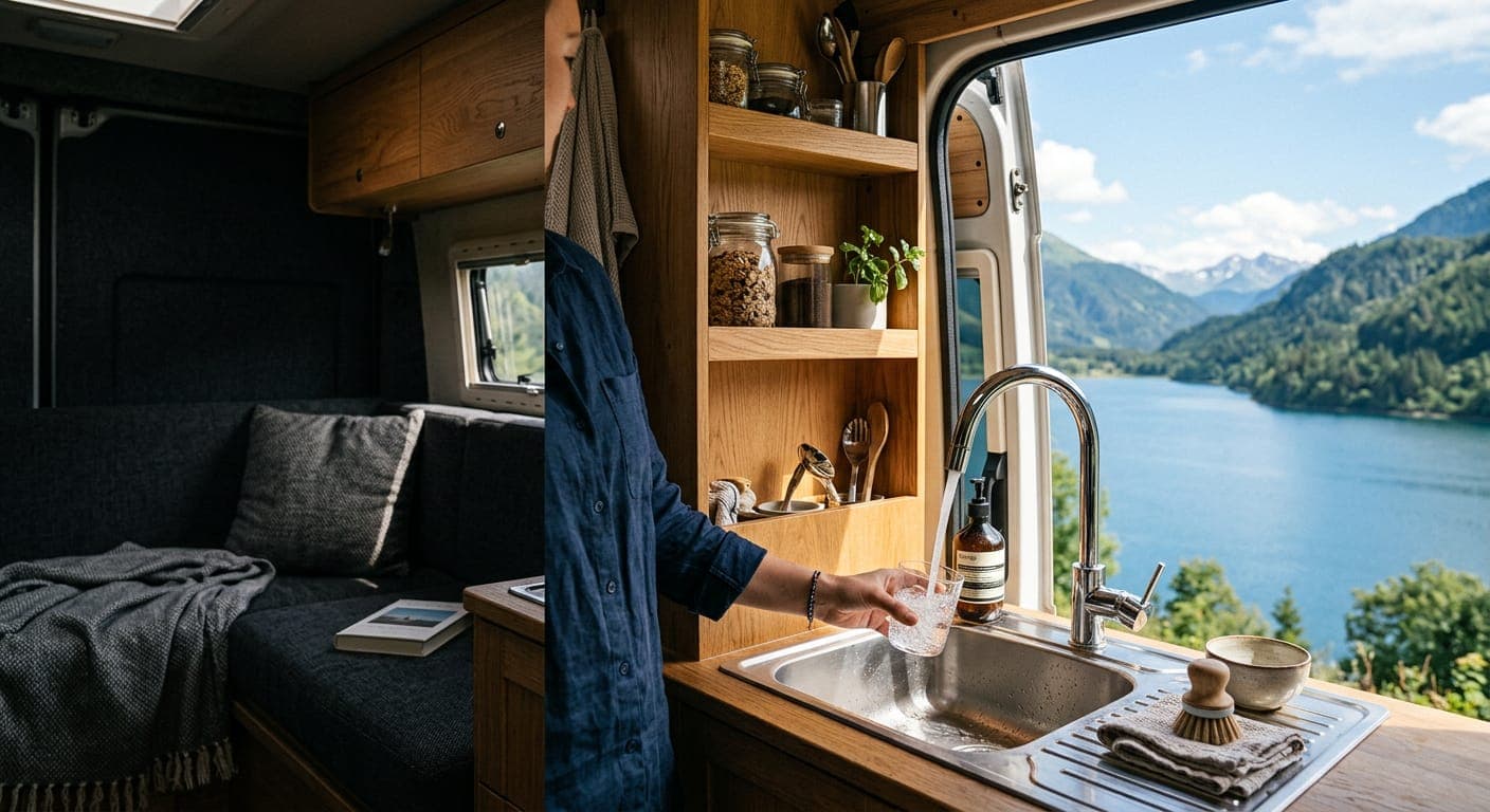 A tap filling a glass at a campervan sink, with a lake and mountains beyond the open door