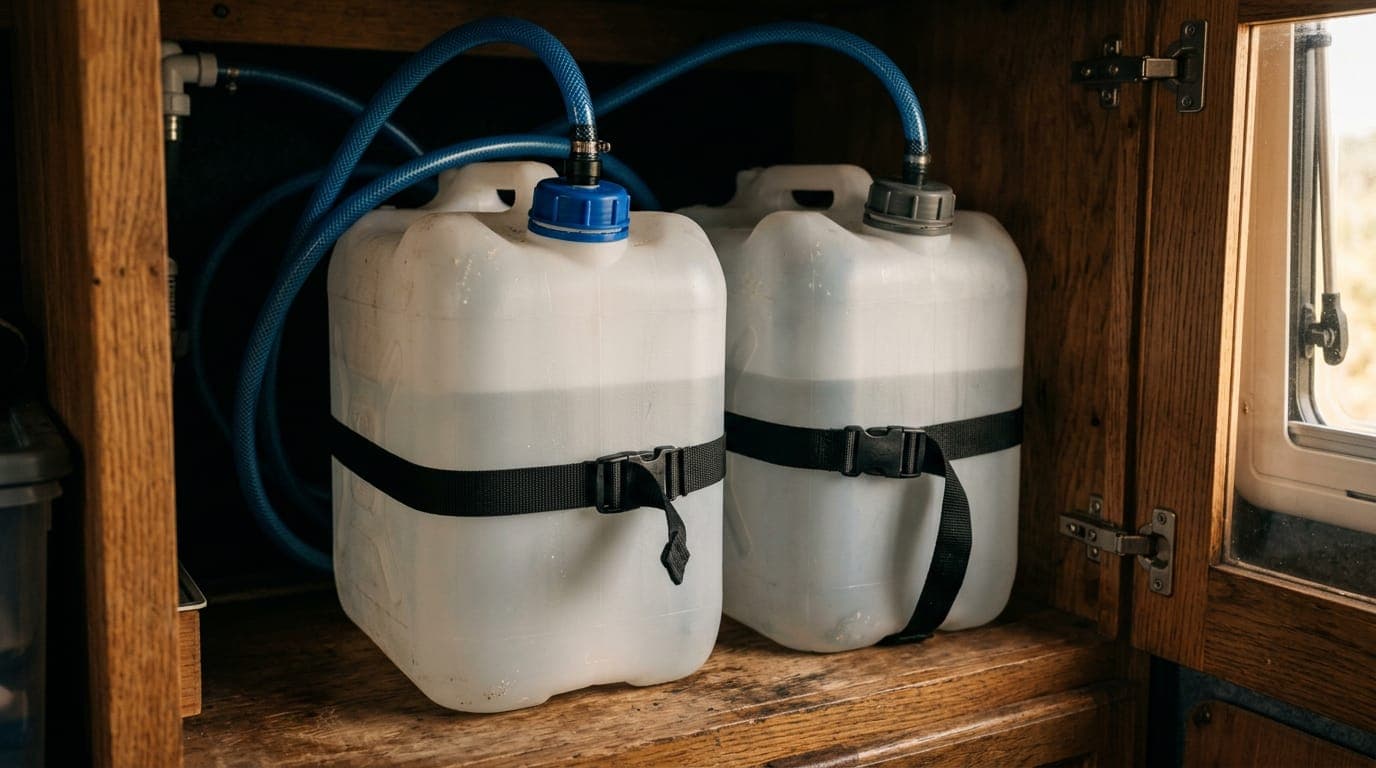 Two plastic water containers strapped side by side inside a campervan cupboard