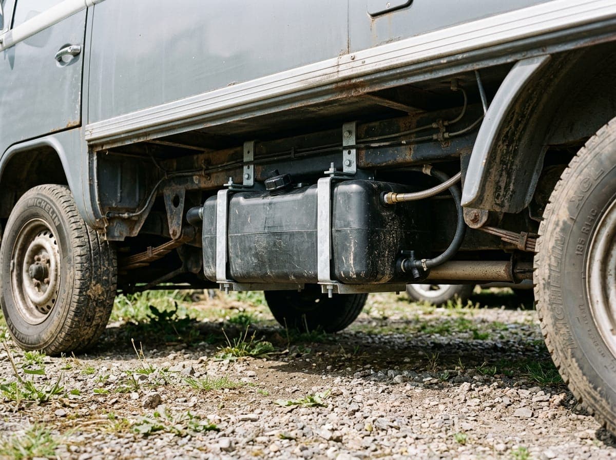 A black underslung water tank strapped to the chassis beneath a campervan