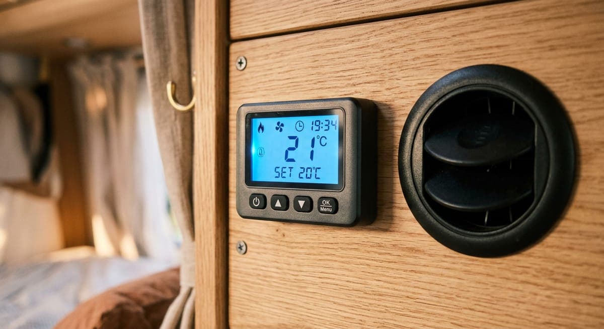 A diesel heater controller with a digital display beside a warm-air vent on a wooden campervan panel