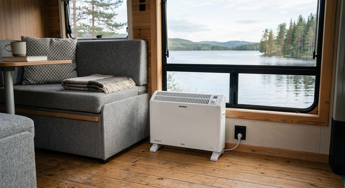 A compact white electric convector heater on the floor of a campervan beside the seating