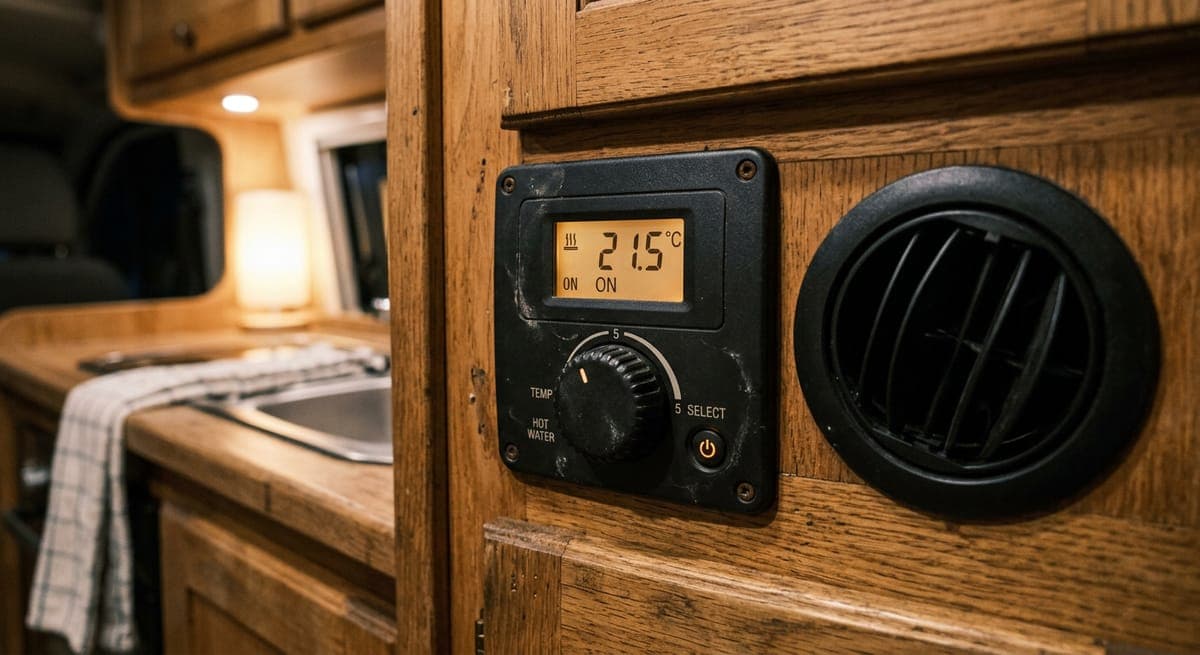 A gas heating control panel with a small screen and dial beside a warm-air vent in a campervan