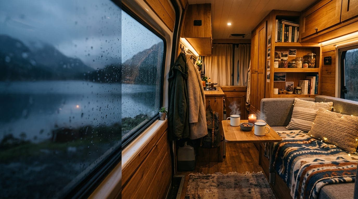 A cosy campervan interior on a rainy evening, with blankets, cushions and two mugs on the table