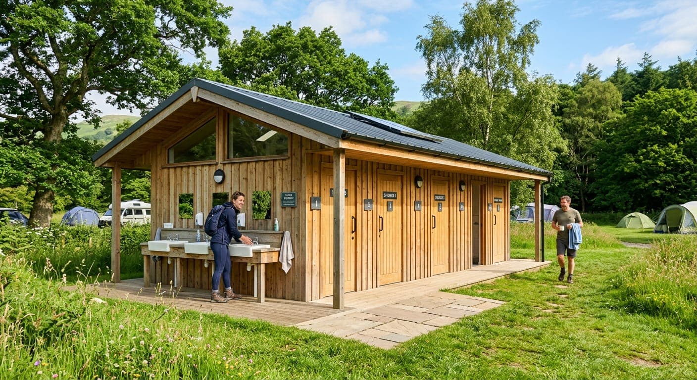 A clean wooden campsite toilet and shower block surrounded by grass and trees