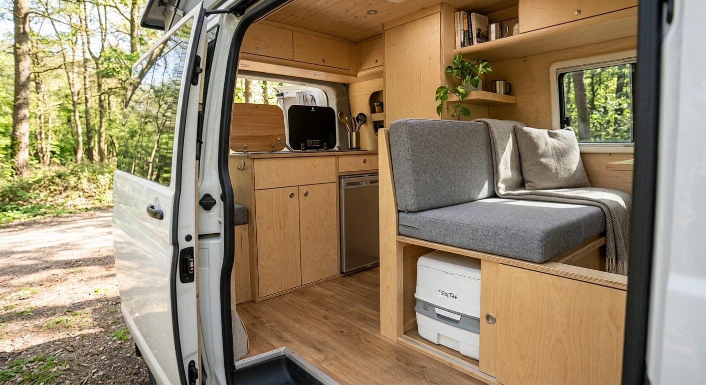 A white portable cassette toilet stored under a bench seat inside a campervan