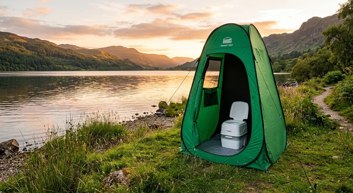 A green toilet tent with a portable toilet inside, pitched beside a lake at sunset